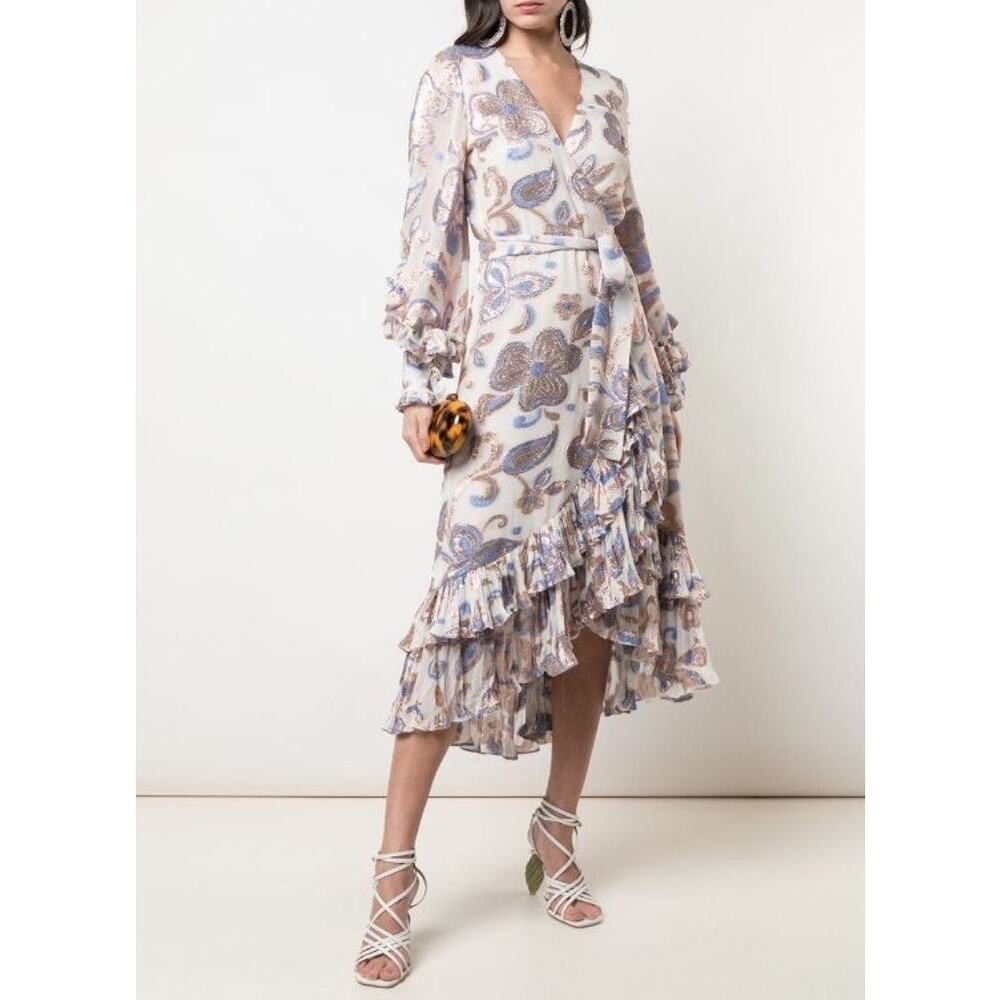 Alexis Abessa Metallic Paisley Wrap-Ruffle Midi Dress Blue/Gold Size S NWT